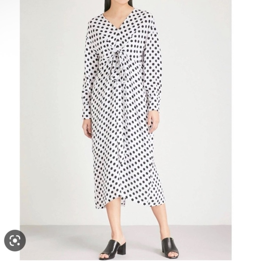 MAJE Ristal Midi Dress Women Size 2 Polka Dot Tie Waist White Black Excellent